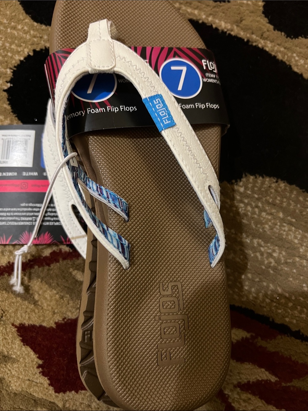Flojos Women’s White Strap Sandal with Brown Footbed and Blue Accents